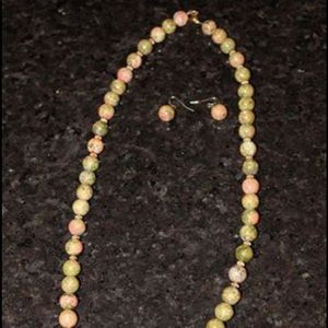 Natural Unakite Polished Bead Necklace & earrings